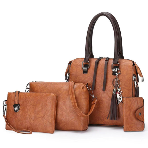 Brown 4-Piece Women's PU Leather Tote Bag Set - Vintage Handbag, Shoulder Bag, Clutch, and Card Holder