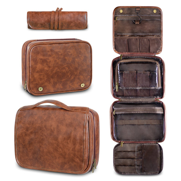 Luxury PU Business Travel Toiletry Bag – Large Capacity Waterproof - Red Brown