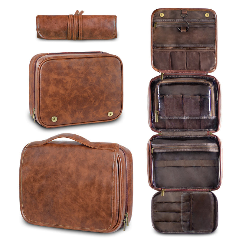 Luxury PU Business Travel Toiletry Bag – Large Capacity Waterproof - Red Brown
