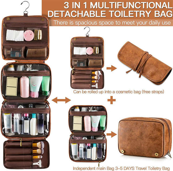 Luxury PU Business Travel Toiletry Bag – Large Capacity Waterproof - Red Brown
