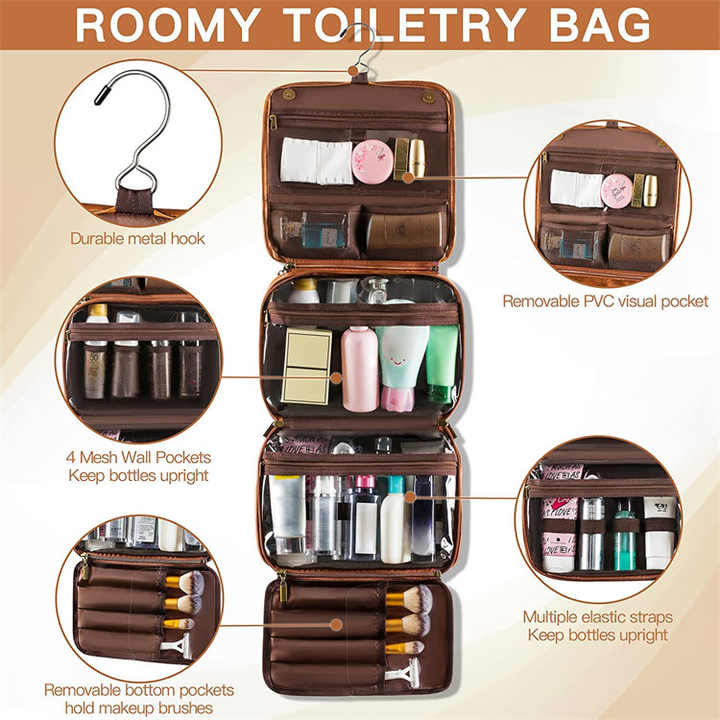 Luxury PU Business Travel Toiletry Bag – Large Capacity Waterproof - Red Brown