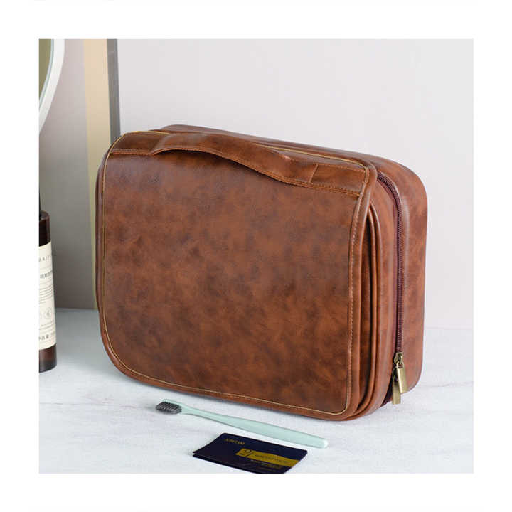 Luxury PU Business Travel Toiletry Bag – Large Capacity Waterproof - Red Brown