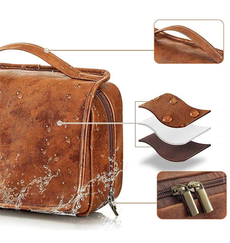 Luxury PU Business Travel Toiletry Bag – Large Capacity Waterproof - Red Brown
