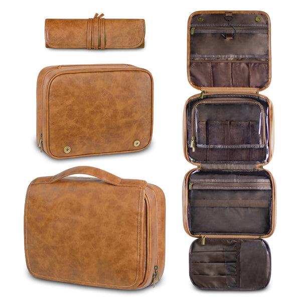 Luxury PU Business Travel Toiletry Bag - Large Capacity Waterproof - Yellow Brown