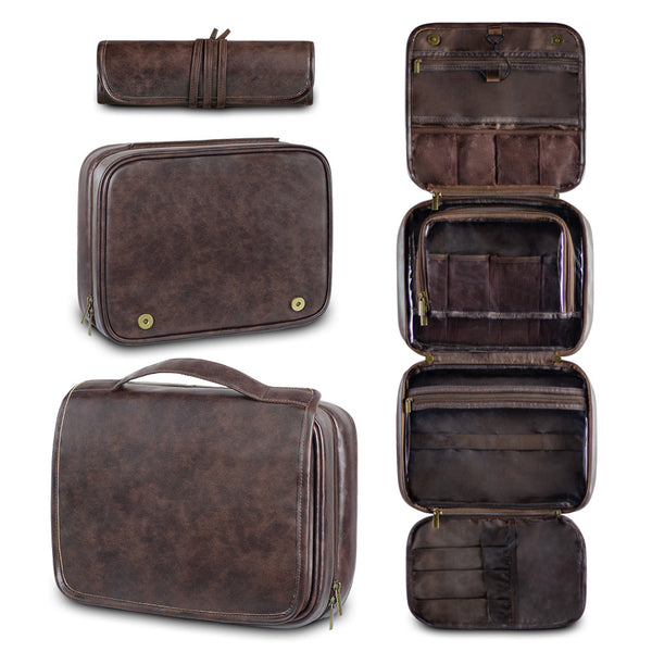 Luxury PU Business Travel Toiletry Bag - Large Capacity Waterproof - Brown