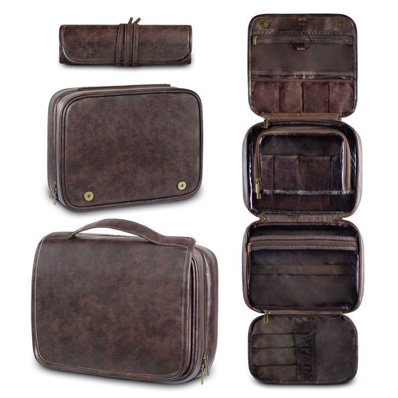 Luxury PU Business Travel Toiletry Bag - Large Capacity Waterproof - Brown