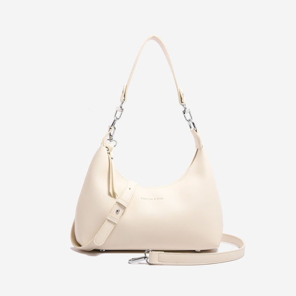 Off White PU Leather Shoulder Bag - Underarm Hobo Bag with Adjustable Strap