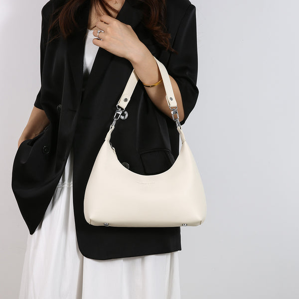 Off White PU Leather Shoulder Bag - Underarm Hobo Bag with Adjustable Strap