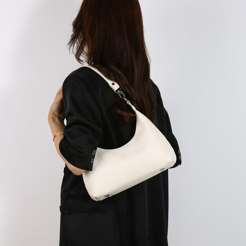 Off White PU Leather Shoulder Bag - Underarm Hobo Bag with Adjustable Strap