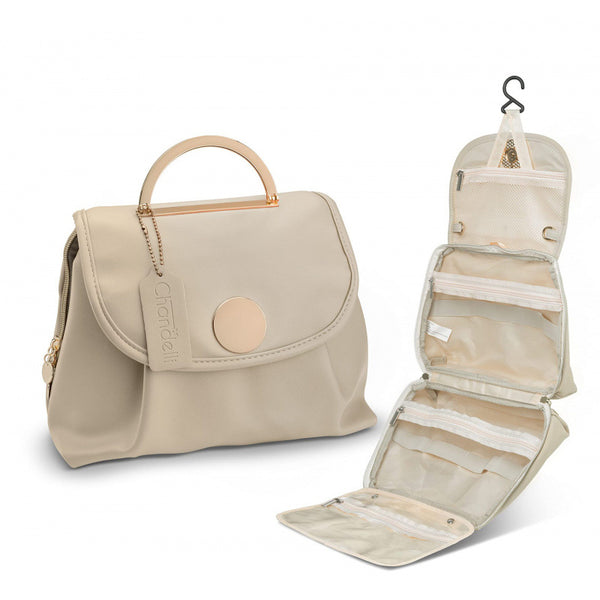 Stylish Travel Makeup Organizer Bag with Hanging Hook - Waterproof & Spacious Design - Beige