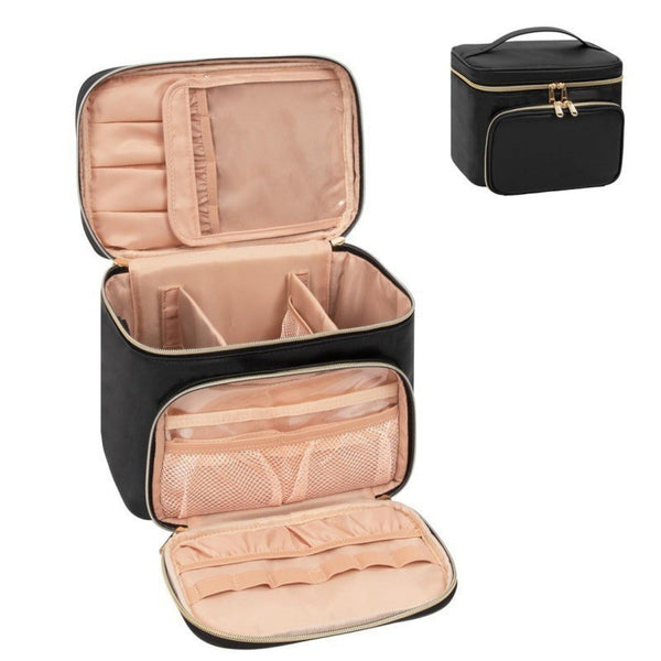 Portable Travel Cosmetic Bag with Brush Compartment - Stylish PU Leather - Black