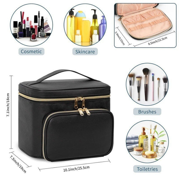 Portable Travel Cosmetic Bag with Brush Compartment - Stylish PU Leather - Black