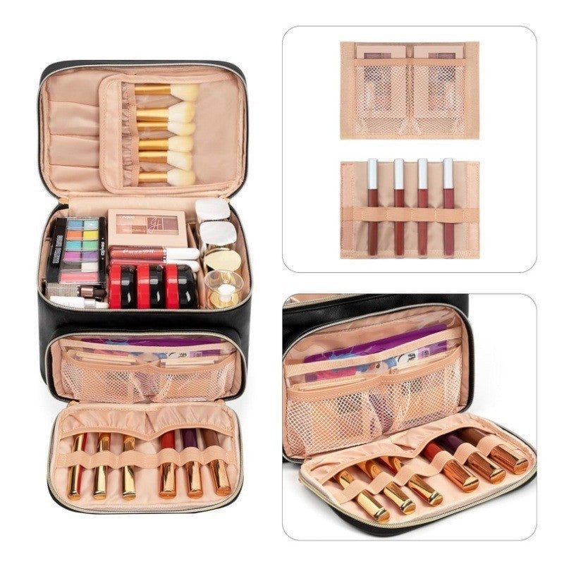 Portable Travel Cosmetic Bag with Brush Compartment - Stylish PU Leather - Black