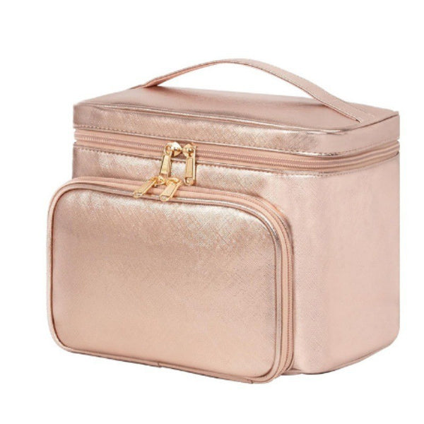 Portable Travel Cosmetic Bag with Brush Compartment - Stylish PU Leather - Pink