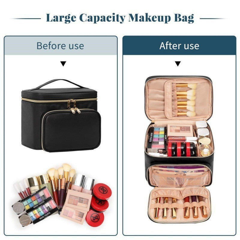 Portable Travel Cosmetic Bag with Brush Compartment - Stylish PU Leather - Pink