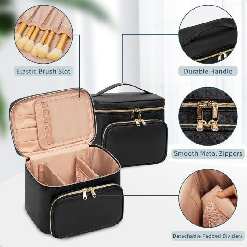 Portable Travel Cosmetic Bag with Brush Compartment - Stylish PU Leather - Pink