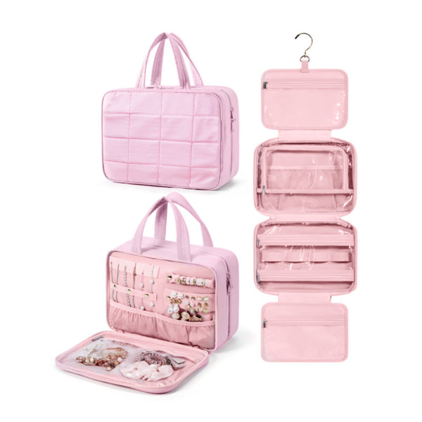 Quilted Hanging Toiletry Bag with Jewelry Organizer - Large Pink