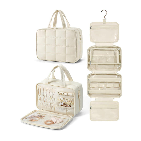 Quilted Hanging Toiletry Bag with Jewelry Organizer - Large Beige
