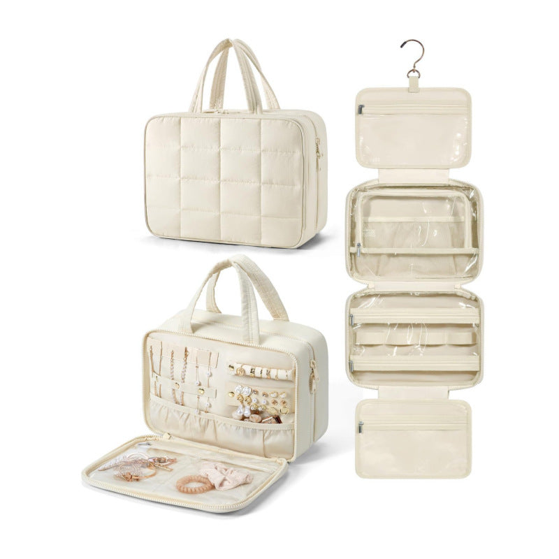Quilted Hanging Toiletry Bag with Jewelry Organizer - Large Beige