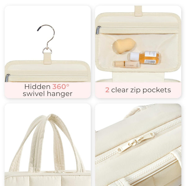 Quilted Hanging Toiletry Bag with Jewelry Organizer - Large Beige