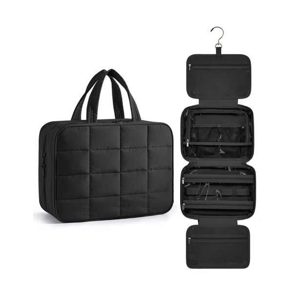 Quilted Hanging Toiletry Bag with Jewelry Organizer - Large Black