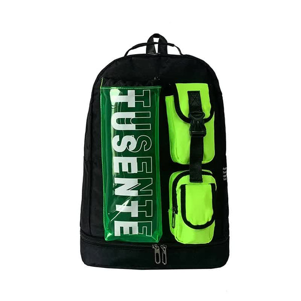 Green And Black Stylish Sports Backpack with Contrast Pockets - Badminton & Tennis