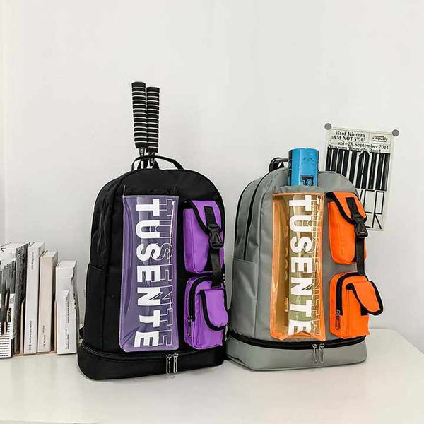 Orange And Grey Stylish Sports Backpack with Contrast Pockets - Badminton & Tennis