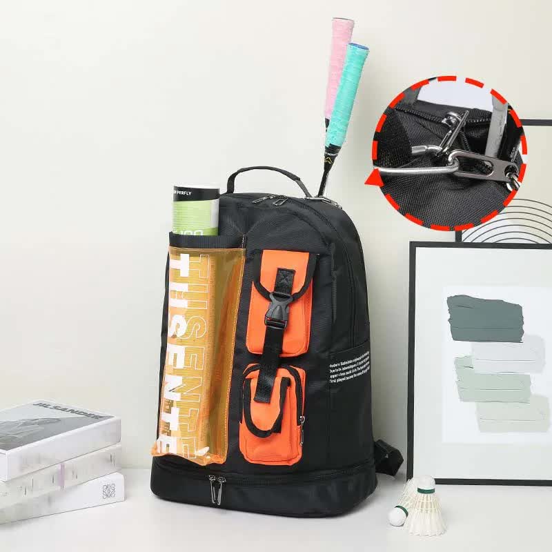 Orange And Grey Stylish Sports Backpack with Contrast Pockets - Badminton & Tennis