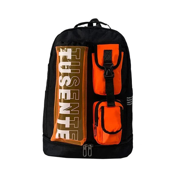 Orange And Black Stylish Sports Backpack with Contrast Pockets - Badminton & Tennis