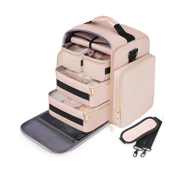Travel Makeup Organizer Bag - 4 Detachable Compartments with Jewelry Roll