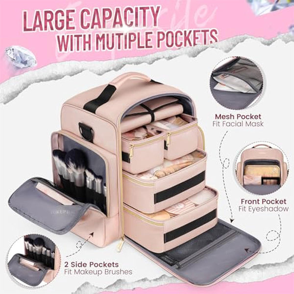 Travel Makeup Organizer Bag - 4 Detachable Compartments with Jewelry Roll