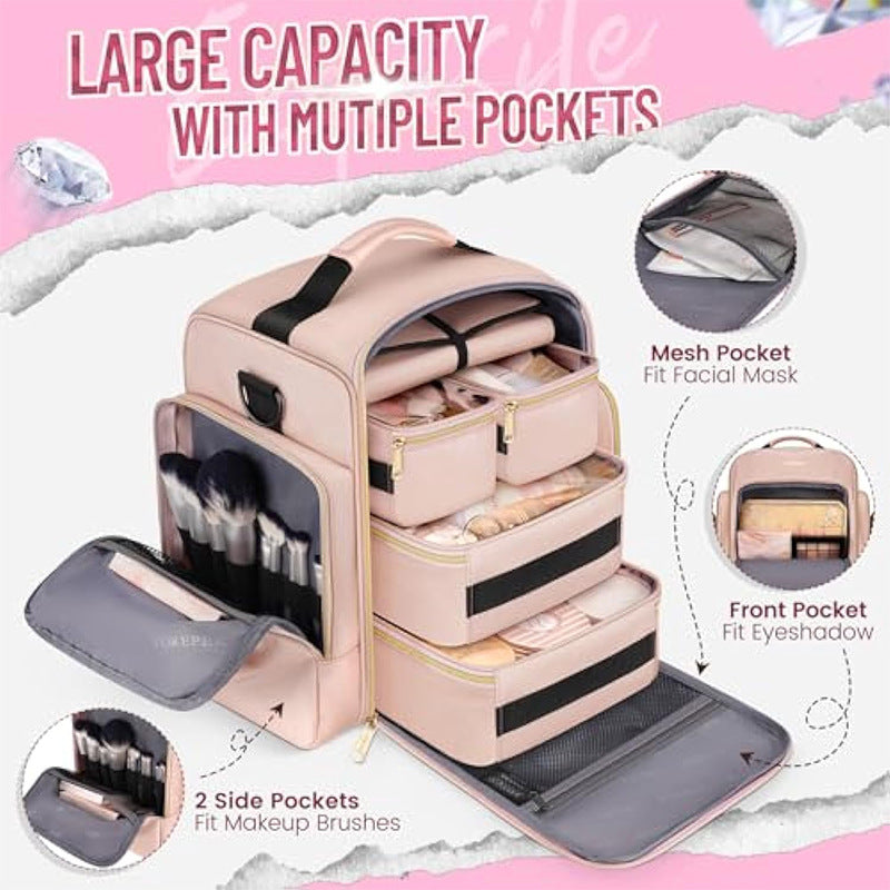 Travel Makeup Organizer Bag - 4 Detachable Compartments with Jewelry Roll
