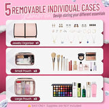 Travel Makeup Organizer Bag - 4 Detachable Compartments with Jewelry Roll