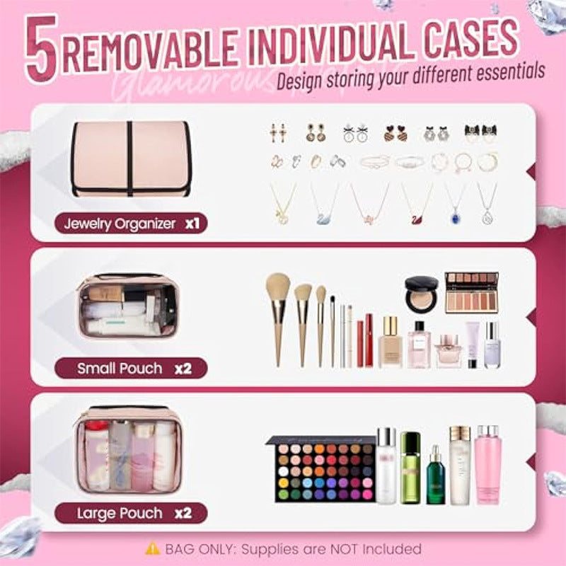 Travel Makeup Organizer Bag - 4 Detachable Compartments with Jewelry Roll