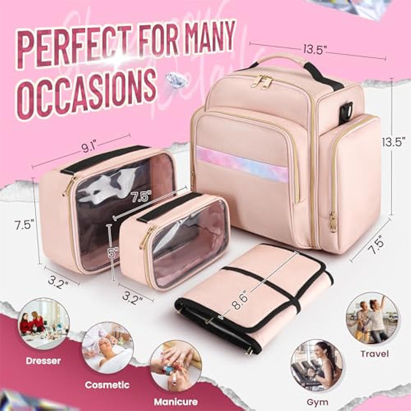 Travel Makeup Organizer Bag - 4 Detachable Compartments with Jewelry Roll