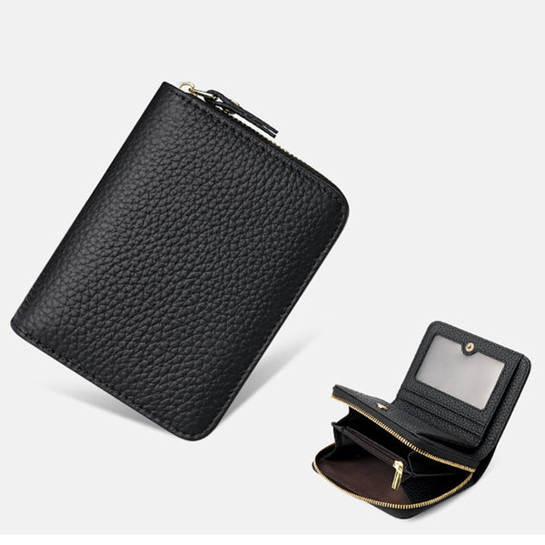 Compact RFID Genuine Leather Wallet for Women - Black