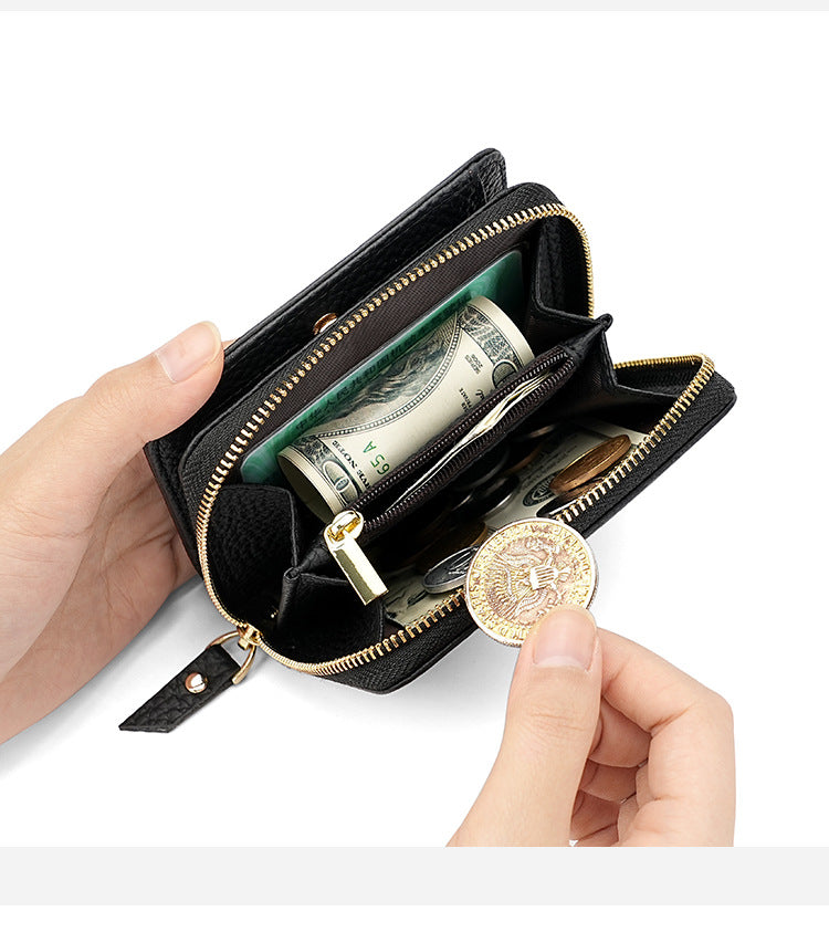 Compact RFID Genuine Leather Wallet for Women - Black