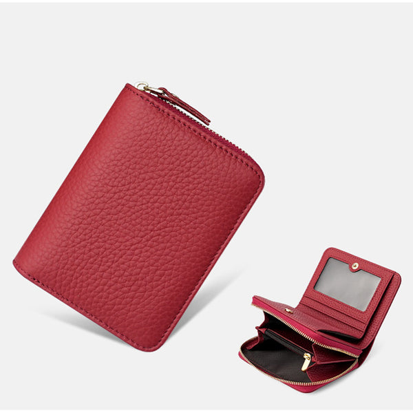 Compact RFID Genuine Leather Wallet for Women - Red