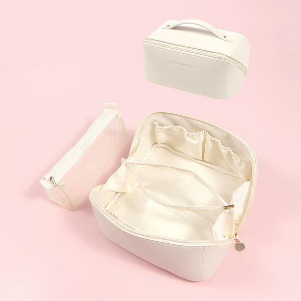 Elegant PU Leather Makeup Bag & Toiletry Organizer with Detachable Mesh Pouch - Beige