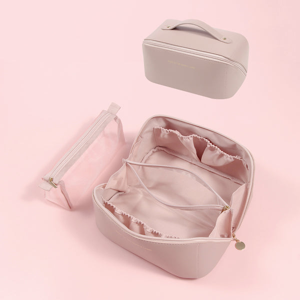 Elegant PU Leather Makeup Bag & Toiletry Organizer with Detachable Mesh Pouch - Pink