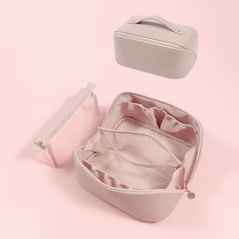 Elegant PU Leather Makeup Bag & Toiletry Organizer with Detachable Mesh Pouch - Pink