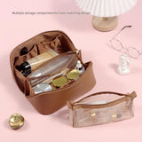Elegant PU Leather Makeup Bag & Toiletry Organizer with Detachable Mesh Pouch - Pink