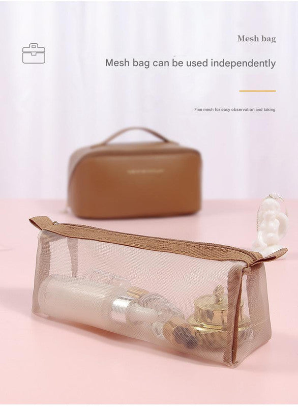 Elegant PU Leather Makeup Bag & Toiletry Organizer with Detachable Mesh Pouch - Pink