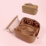 Elegant PU Leather Makeup Bag & Toiletry Organizer with Detachable Mesh Pouch - Brown