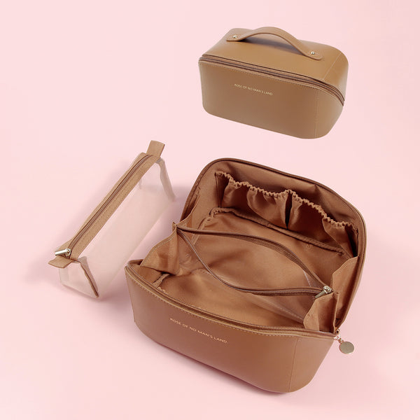 Elegant PU Leather Makeup Bag & Toiletry Organizer with Detachable Mesh Pouch - Brown