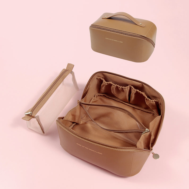 Elegant PU Leather Makeup Bag & Toiletry Organizer with Detachable Mesh Pouch - Brown