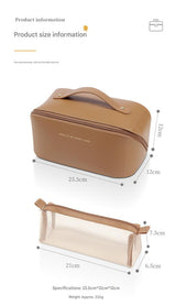 Elegant PU Leather Makeup Bag & Toiletry Organizer with Detachable Mesh Pouch - Brown