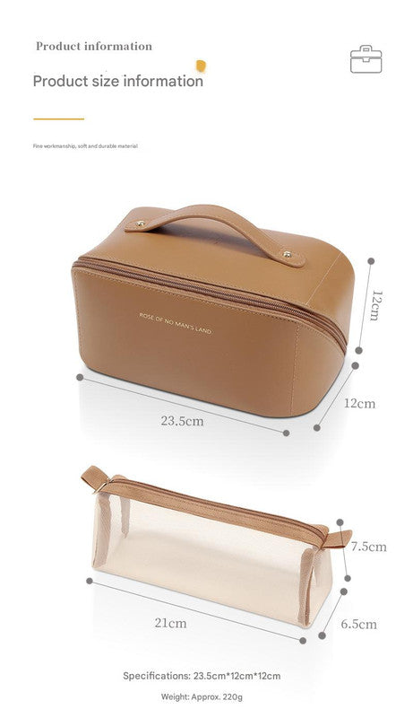 Elegant PU Leather Makeup Bag & Toiletry Organizer with Detachable Mesh Pouch - Brown