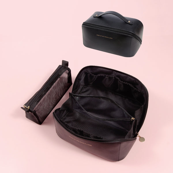 Elegant PU Leather Makeup Bag & Toiletry Organizer with Detachable Mesh Pouch - Black