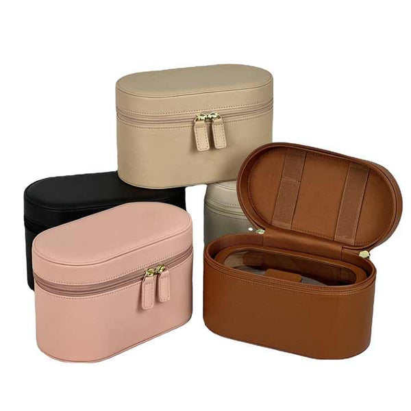 Beige Elegant PU Leather Makeup & Toiletry Bag with Brush Holder